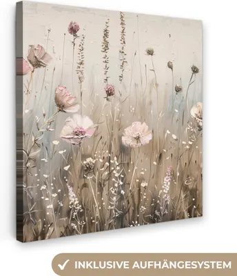 Produktbild von MuchoWow® - Leinwandbilder - Blumen - Rosa - Modern - Beige, Wandbild, Wanddeko Bilder Wohnzimmer, 50x50cm
