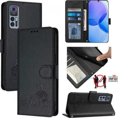 Produktbild von Leder Hülle für TCL 30 /TCL 30 5G /TCL 30+ Süße Katze Flip Case Brieftasche Schutzhülle mit Standfunktion Schwarz