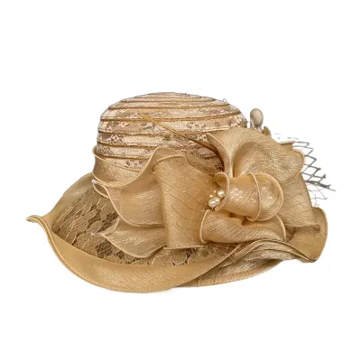 Produktbild von Fischerhut für Damen, Organza-Spitze, Schleife, Kunstperlen, Federdekor, Vintage-Stil, königlicher Stil, flache Oberseite, UV-Schutz, Sonnenschutz, Abschlussball, Party, formelle Anlässe, Einheitsgröße, Khaki