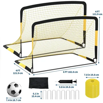 Produktbild von Mobiles Fußballtor - 6 x 4 Fuß (183 x 122 cm) - Pop-up-Rebounder-Netz - Doppelte Öffnung - Gelb - Mit Ball, Pumpe und Hütchen