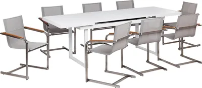 Produktbild von BELIANI Gartenmöbel-Set, weiß/beige Aluminium, Edelstahl, Ausziehbarer Esstisch, 8 Sitzer, Outdoor-Möbel, modern