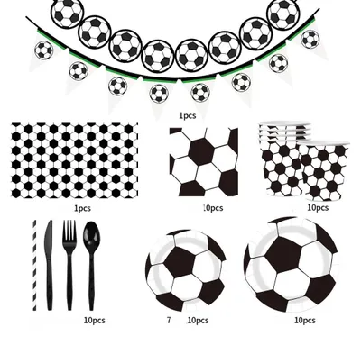 Image de INF Ensemble de vaisselle jetable thème Coupe du Monde 10 pièces — kit football pour 10 invités, noir et blanc