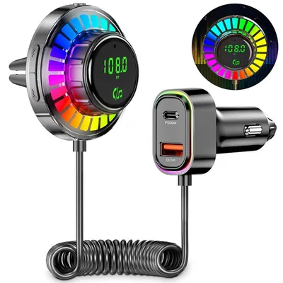 Produktbild von Bluetooth Adapter Auto FM Transmitter mit RGB Licht- Bluetooth 5.3 Freisprecheinrichtung, PD30W USB-C & QC3.0 Schnellladegerät, Auto Bluetooth Adapter