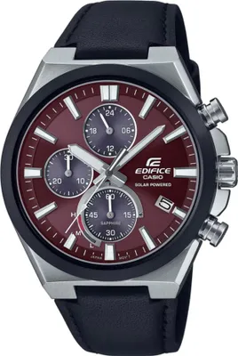 Produktbild von Casio Edifice EFS-S630BL-5AVUEF Herren Armbanduhr, 44mm, 12mm, Edelstahl, Leder, Saphirglas, Zifferblatt Rot, Armband Schwarz, Gehäuse Silber, Chronograph, Solar, 10 ATM, Batteriestandsanzeige, Neobrite, Datumsanzeige, Stoppuhr bis 30 Min., verschraubter Gehäuseboden, sportlich, 3+3 Jahre Garantie, CASIO 5585 Kaliber