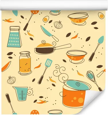 Produktbild von 10m VLIES TAPETE Rolle Esszimmer Küche Tüpfe Pfannen Besteck Kochen XXL
