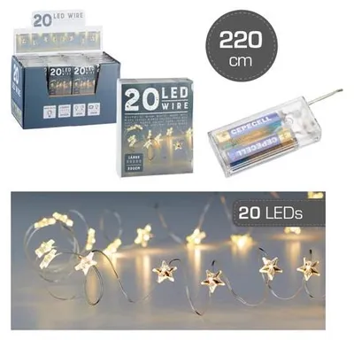 Zdjęcie produktu dla Łańcuch świetlny z 20 mikrodiodami LED w kształcie gwiazdek, ciepła biel, 220 cm, srebrny, zasilany bateryjnie, oświetlenie dekoracyjne na Boże Narodzenie