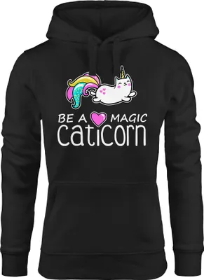 Produktbild von Kapuzen-Pullover Damen Be a magic caticorn Einhorn Hoodie Unicorn Moonworks® schwarz M