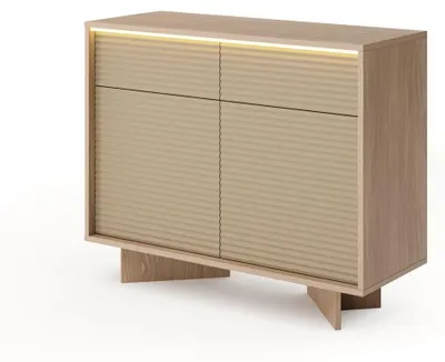 Productafbeelding van Kommode DEMI met 2 deuren en 2 lades, 104 cm breed, Bolivar eikenhout, naturel afwerking, push-to-open systeem, geribbelde fronten, cappuccino kleur met LED-verlichting