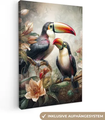 Produktbild von Wanddeko 40x60 cm - Tiere - Tukan - Vögel - Blumen - Dschungel, Deko Wohnzimmer, Bilder, Wanddeko