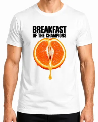 Imagen del producto de Camiseta para hombre, color blanco, talla M. Diseño: "Breakfast Of The Champions" (desayuno de campeones), con un juego de palabras de doble sentido, humor para adultos