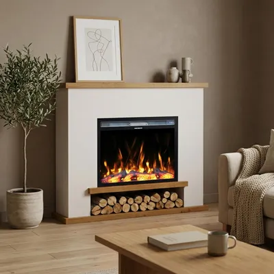 Produktbild von Garlivo Elektrokamin 'CATANIA Weiss/ Eiche ' | LED Standkamin in weiss mit Heizung (1500 W) | HxBxT: 99x116x28cm