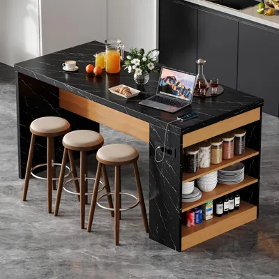 Produktbild von Merax Kücheninsel mit LED Beleuchtung, Sideboard Bartisch mit Steckdose, 2x AC + 2x USB, Küchenblock mit 40mm Arbeitsplatte, Ablagen, Schwarz + Natur