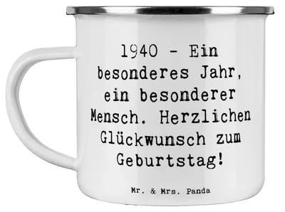 Produktbild von Mr. & Mrs. Panda Teetasse Spruch 1940 Geburtstag - Weiß - Geschenk, Teebecher, Alter, Happy Birthday, becher emaille, Haferl, Geburtsjahr, Blechtasse, besonderes Jahr