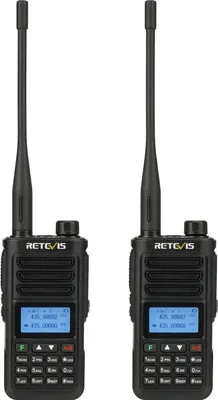 Two black Retevis RA89 walkie-talkies are shown against a white background.