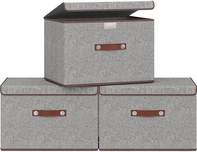Image de Lot de trois bacs pliables en tissu avec couvercle et poignées