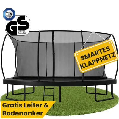 Produktbild von Zero Gravity Trampolin 457x305 cm inkl. Leiter & 4 Bodenanker / Schneller Auf- und Abbau dank smartem Klappnetz / Max. 130 kg / Ultima 5 Black-Edition