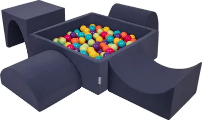 Produktbild von KiddyMoon spielplatz aus schaumstoff mit quadrat bällebad (300 bälle) ballgruben für babys spielbad hindernisläufen, hergestellt in der eu, dunkelblau:helgrün/gelb/türkis/orange/dpink/violet