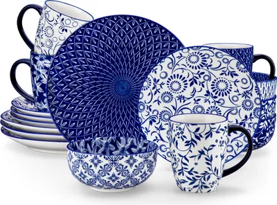 Produktbild von Vancasso Tafelservice, 16-tlg Kombiservice, Blau und Weiß Porzellan Set mit Speiseteller, Dessertteller, Schalen, Becher für 4 Personen