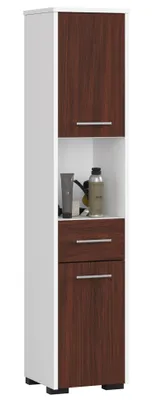 Produktbild von Freistehender Badezimmerschrank: eine Schublade, zwei Türen, fünf Einlegeböden, Farbe: Weiß | Wenge, Möbelmaße: B: 30 cm, H: 140 cm, T: 30 cm