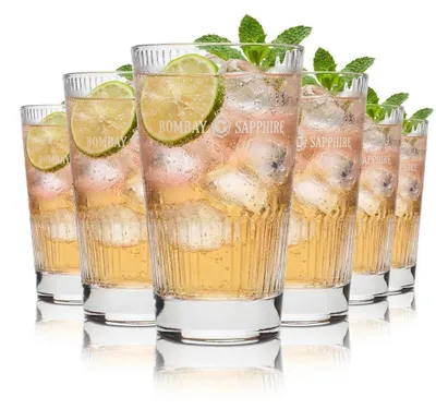 Produktbild von 6x Bombay Gin Glas 0,4 Timeless Relief Longdrink Cocktail Tonic Becher Gläser, KI-generiertes Bild