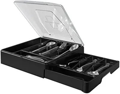 Produktbild von Doppelschichtiger Besteckkasten mit Deckel, Utensilienhalter für Arbeitsplatten-Besteck-Organizer für Küchenschubladen mit 2-stöckigem Besteckkasten und 9 Fächern (Schwarz)