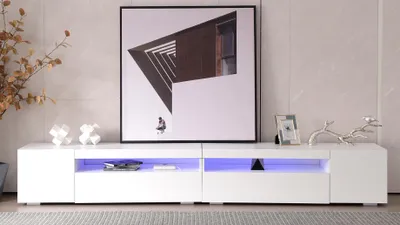 Immagine prodotto di okwish Tavolo TV moderno 240 cm, piano lucido, illuminazione LED variabile, soggiorno e sala da pranzo, bianco (piano lucido, non lucido)