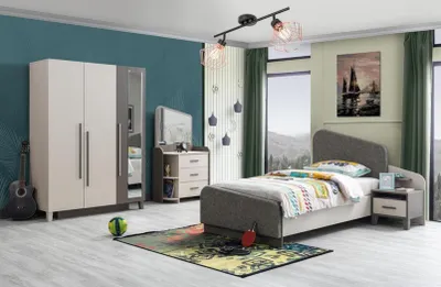 Immagine prodotto di Set per cameretta grigio: lettino, comodino, cassettiera e armadio in stile moderno