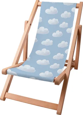 A wooden deck chair with a blue fabric seat featuring a cloud pattern, isolated on a white background.
