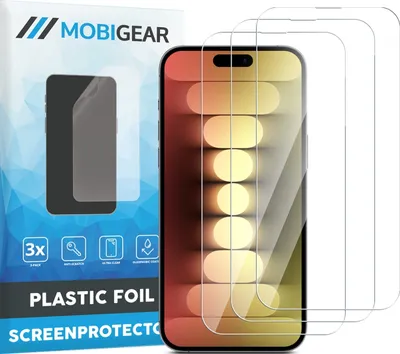 A product package for Mobigear iPhone 15 Pro screen protectors, with a phone displaying the screen protectors in the foreground.