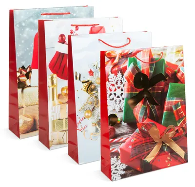 Obrázok produktu pre Vianočná darčeková taška - papier - 330 x 102 x 457 mm - 4 druhy / balenie, balenie 12 ks