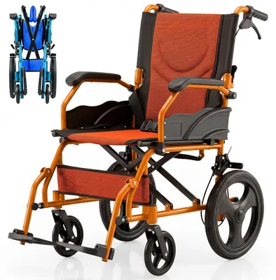 Produktbild von Rollstuhl Faltrollstuhl Transportrollstuhl - Aluminium - 41 cm Sitzbreite - Orange - Doppelbremssystem