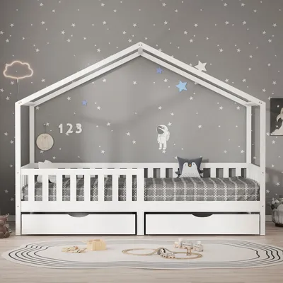 Produktbild von ML-Design Kinderbett Hausbett 90x200 cm Weiß mit 2 Schubladen Holzbett mit Rausfallschutz Lattenrost und Dach, Spielbett aus Kiefernholz, Bodenbett