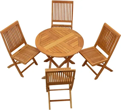 Produktbild von Teak Sitzgruppe aus 4 Klappstühlen + 1 Klapptisch rund 90 cm edles Set aus Teak-Gartenmöbeln mit Klappfunktion