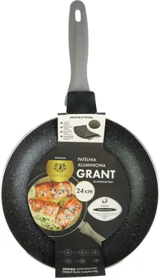 A frying pan with a gray handle and a black speckled surface, displayed against a white background. It has a product label attached to the handle.