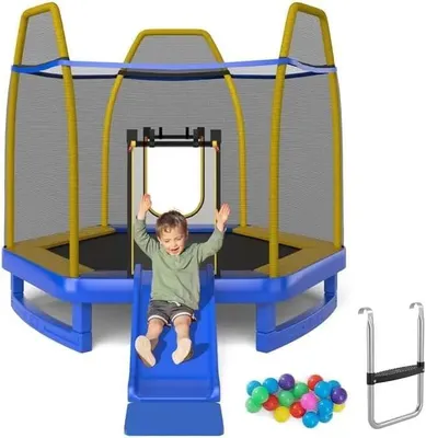 Zdjęcie produktu dla Trampolina ogrodowa dla dzieci – okrągła – średnica 223 cm – ze zjeżdżalnią – do 270 kg – siatka zabezpieczająca – drabinka – osłona krawędzi – kolor żółty