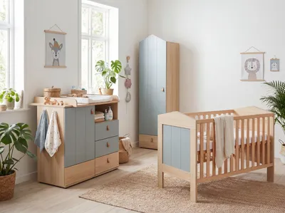 Produktbild von Babyzimmer Set Roofy 3-tlg. Kleiderschrank 1-türig, Wickelkommode. Babybett