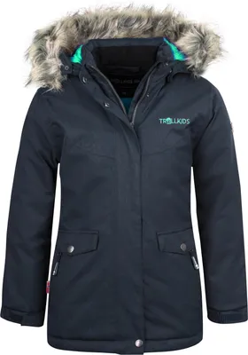 A navy blue Trollkids winter jacket for children with a faux fur-lined hood.