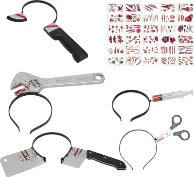 Produktbild von Blutige Schere Messer im Kopf 35TLG Halloween Grusel Accessoires Set Spritze Horror Haarreif mit 30pcs Halloween Zombie Scars Tattoo Küchenmesser Schlüssel für Gruselkostüm Zombie