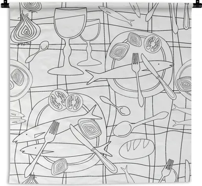 Produktbild von MuchoWow® Wandteppich Wandbehang Fische - Muster - Schwarz und Weiß 90x90 cm Tapisserie Dekoration Wandtuch - Wandaufhänger
