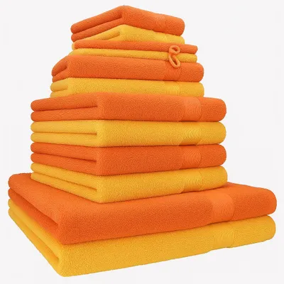 Produktbild von Betz 12-tlg. Handtuch-Set PREMIUM 2 Duschtücher 4 Handtücher 2 Gästetücher 2 Seiftücher 2 Waschhandschuhe  Farbe: honiggelb / blutorange