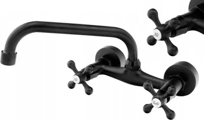 A black kitchen faucet with two cross-shaped handles and a curved spout is shown against a white background.