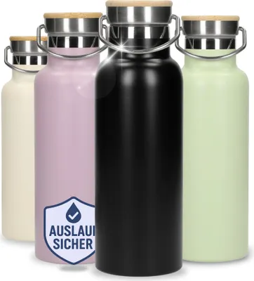 Produktbild von Edelstahl Trinkflasche 500 ml 'Cascada' - doppelwandige Isolierflasche hält Getränke stundenlang kühl - Auslaufsichere Flasche für Arbeit, Sport & Wandern - Wasserflasche mit Henkel Schwarz