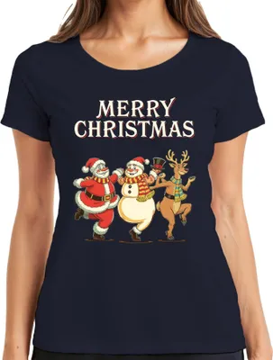 Produktbild von MERRY CHRISTMAS Weihnachtsmann Schneemann Rentier tanzend Vintage Damen T-Shirt, Navy, XL