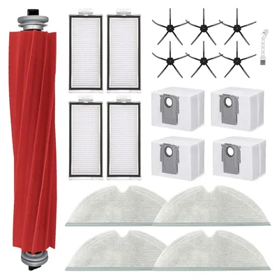 A collection of cleaning accessories for a robot vacuum cleaner, including a main brush, side brushes, filters, mop cloths, and dust bags, arranged on a white background.