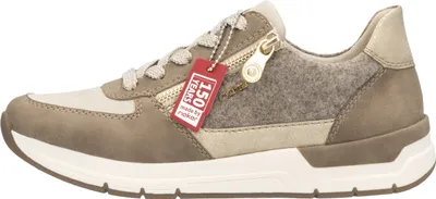 A side view of a beige and brown Rieker sneaker with a red tag attached.