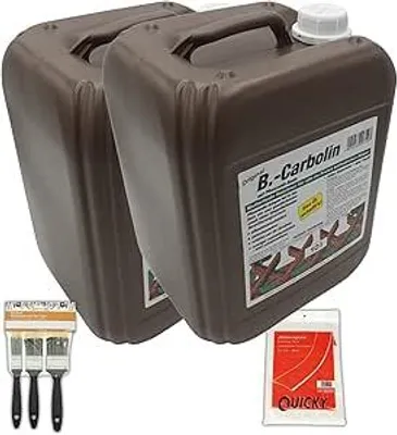 Produktbild von Original 2x B.Carbolin 10 Liter umweltfreundlicher Holzanstrich inkl. em 3er Pinsel-Set und 20 m² Abdeckplane