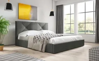 Obrázok produktu pre Sofello Calúnená postel s úložným boxom 160cm tmavošedá moderná tkanina s úložným dreveným roštovým rámom Prešívanie