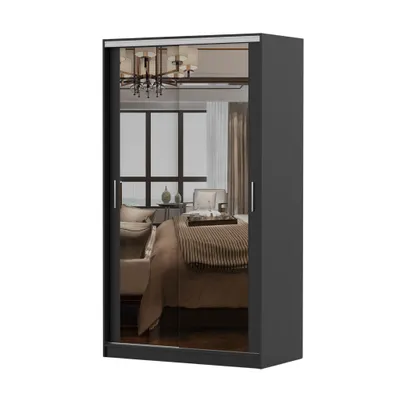 Image de Armoire à portes coulissantes TOKYO M, armoire de chambre à coucher 120 cm noir/noir avec miroir, poignées en PVC couleur aluminium