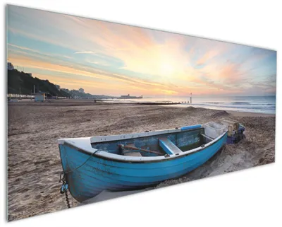 Produktbild von Wallario Küchenrückwand aus Glas, Größe: 125 x 50 cm, Motiv: Fischerboot am Strand bei Sonnenuntergang | Spritzschutz | abwischbar | pflegeleicht | in