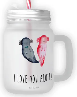 Produktbild von Mr. & Mrs. Panda Glas Axolotl Liebe - Transparent - Geschenk, für Frauen, Freundin, Freund, Mit Strohhalm, Cocktailglas, Valentinstag, Trinkglas Deckel, Hochzeitstag